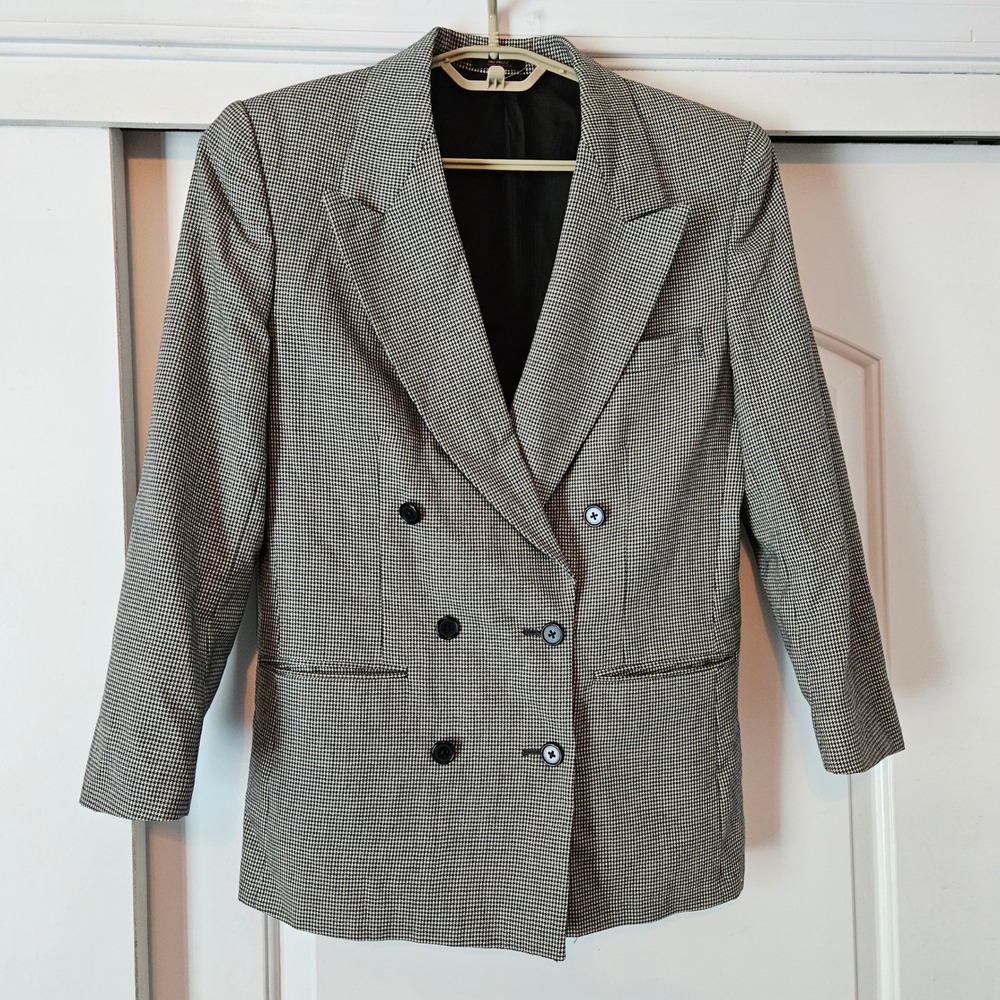 Vintage Double Breasted Blazer Women 8 Houndstooth Black White 90s Minimalist